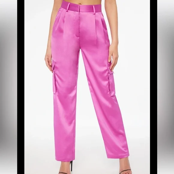 Dynamite Fuchsia Satin Cargo Trousers - Picture 2 of 7